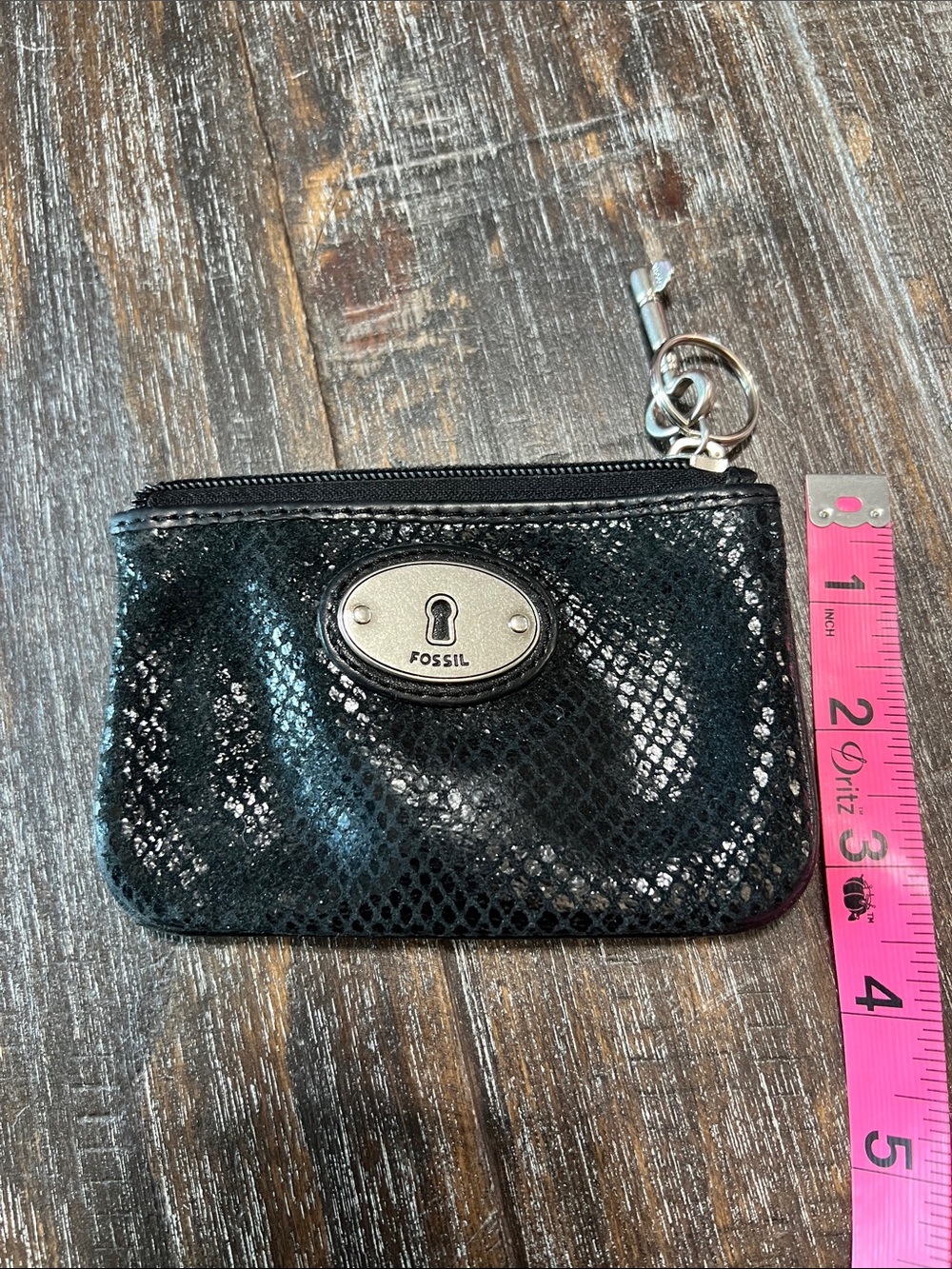 Fossil Black Snake-Embossed Zip Key Coin Pouch with Silver Hardware - Picture 6 of 6